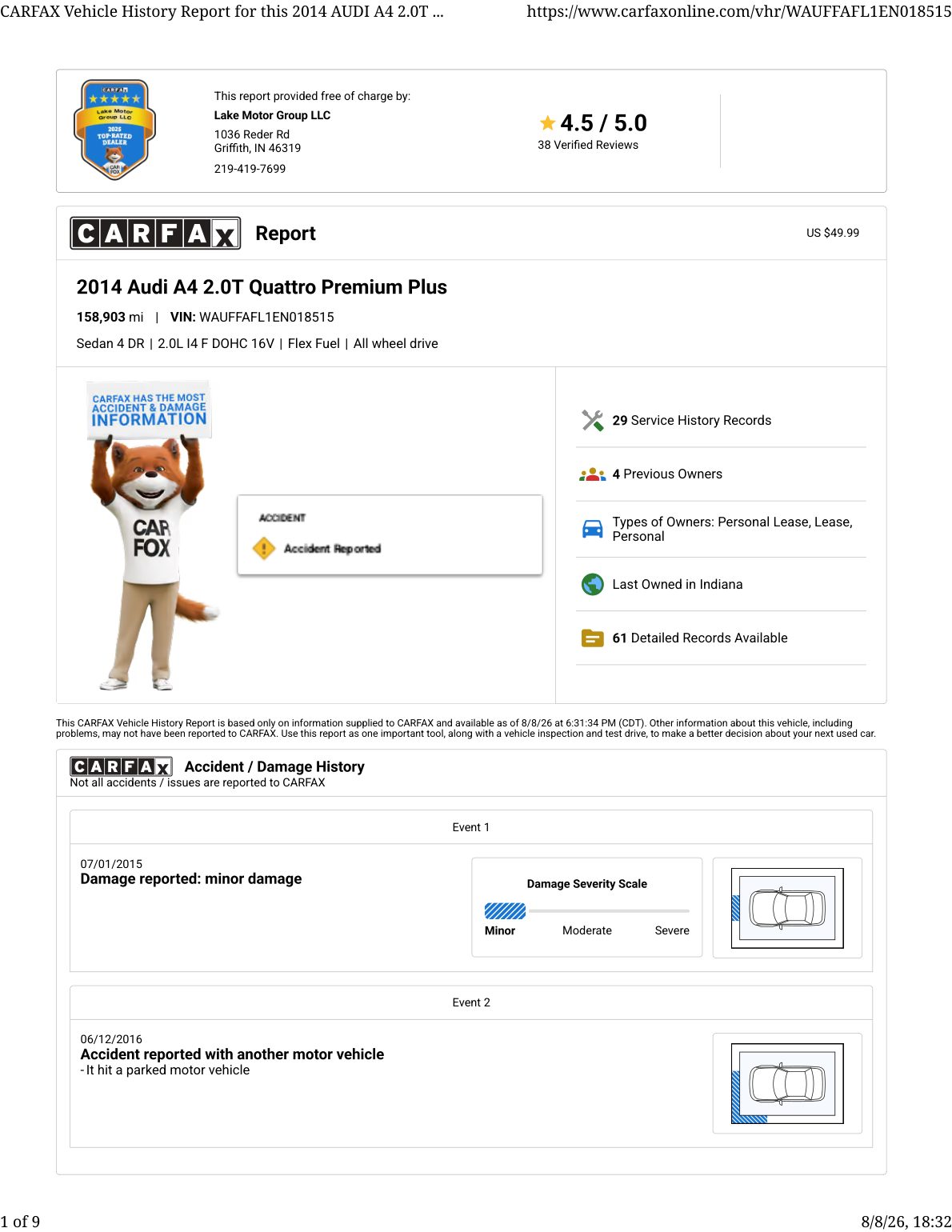 CARFAX vehicle history report — first page