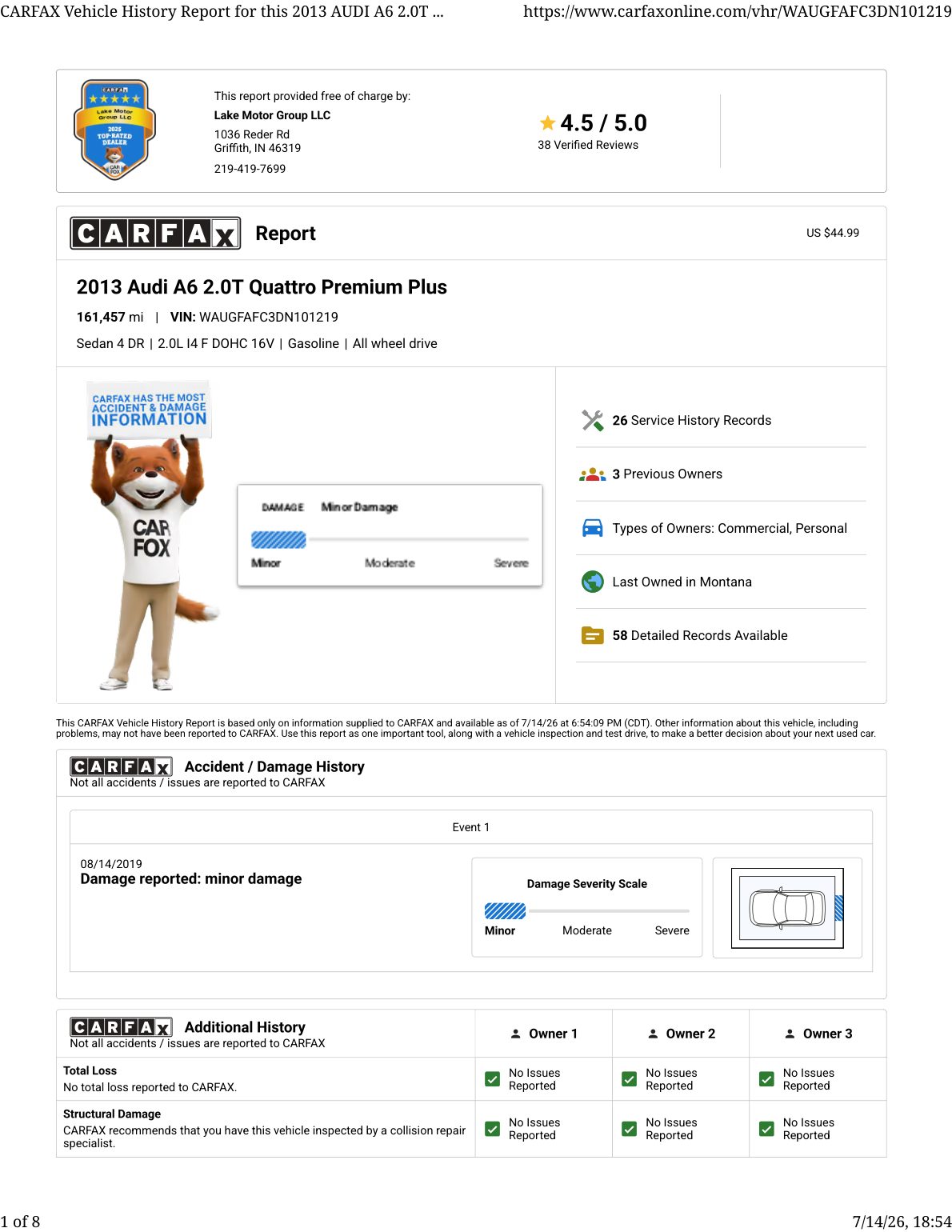 CARFAX vehicle history report — first page