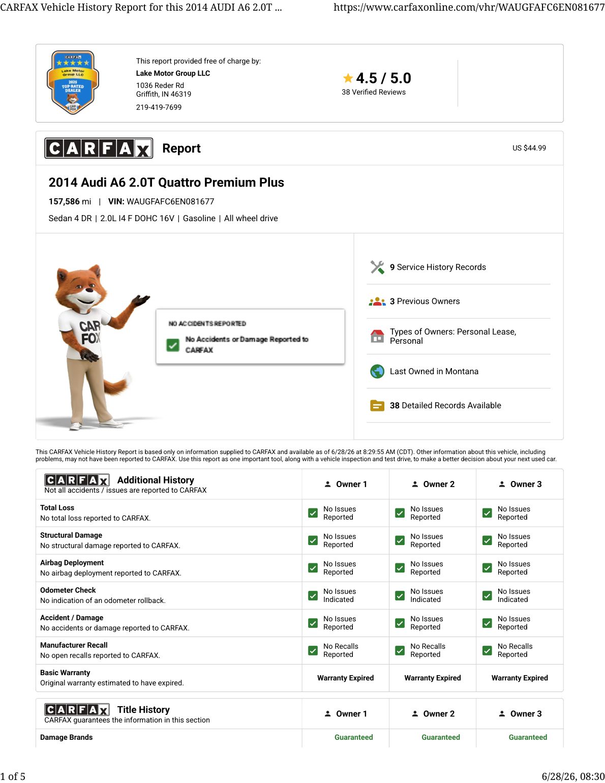 CARFAX vehicle history report — first page