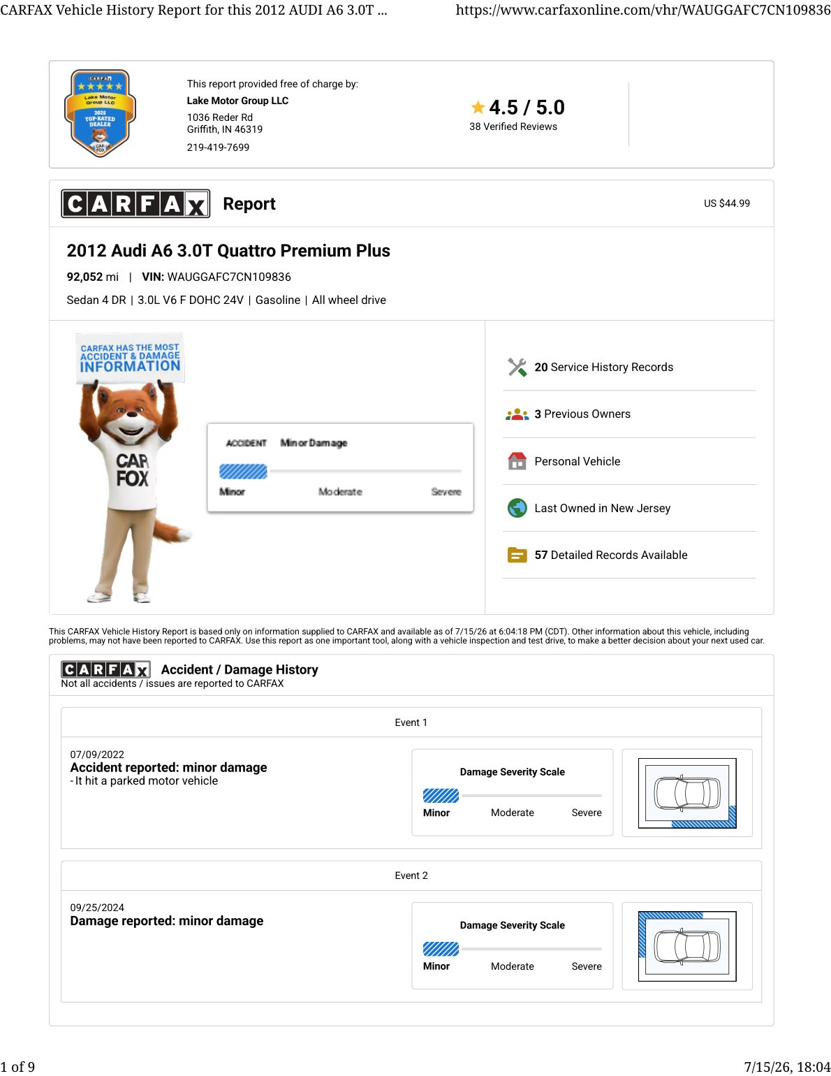 CARFAX vehicle history report — first page
