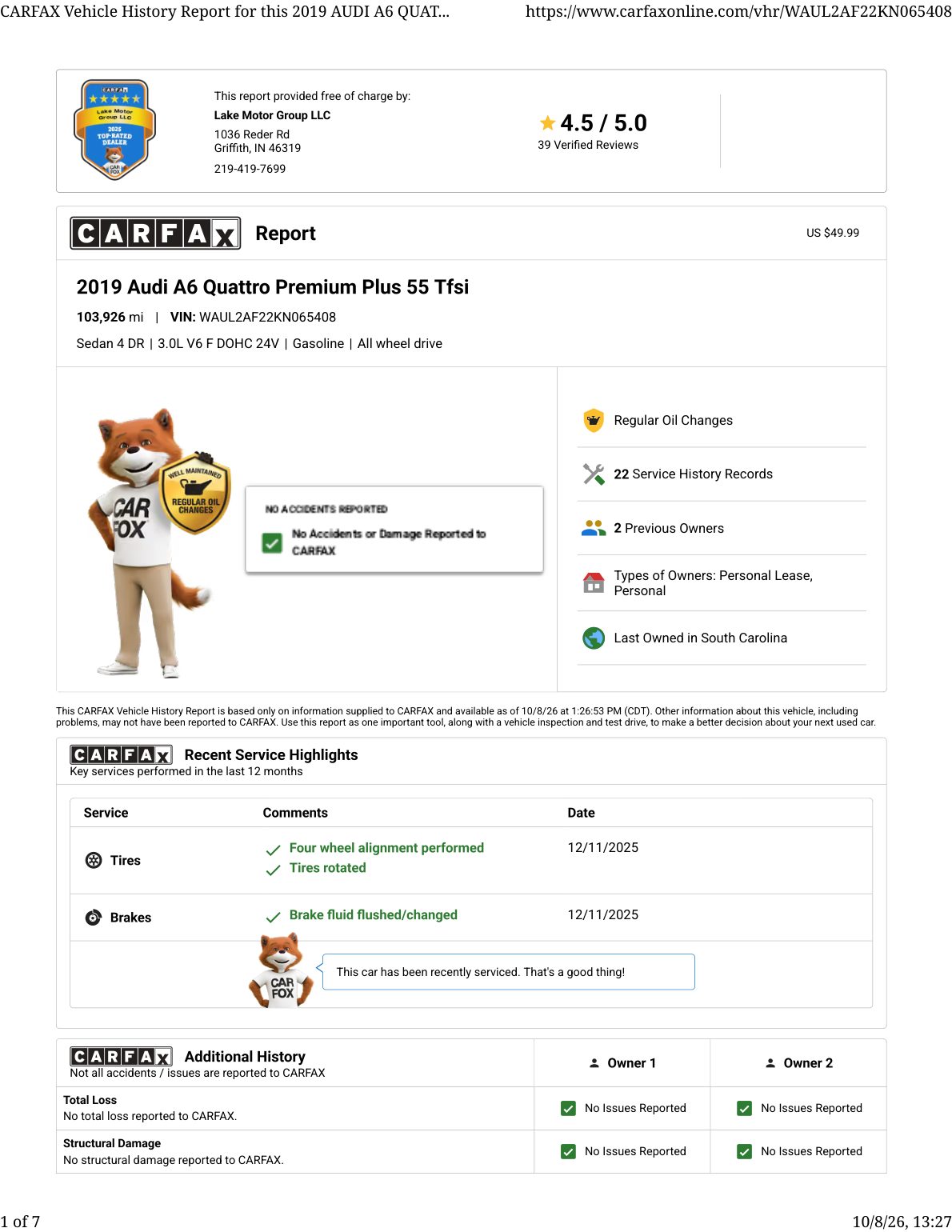 CARFAX vehicle history report — first page