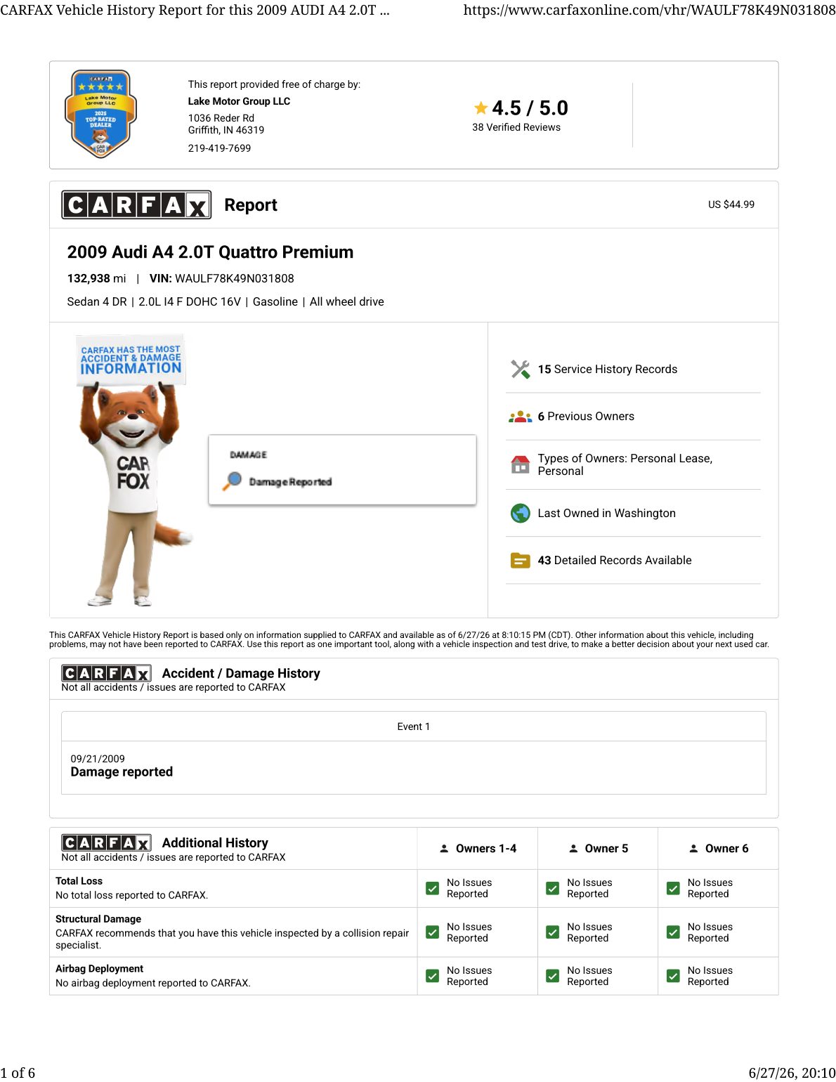 CARFAX vehicle history report — first page