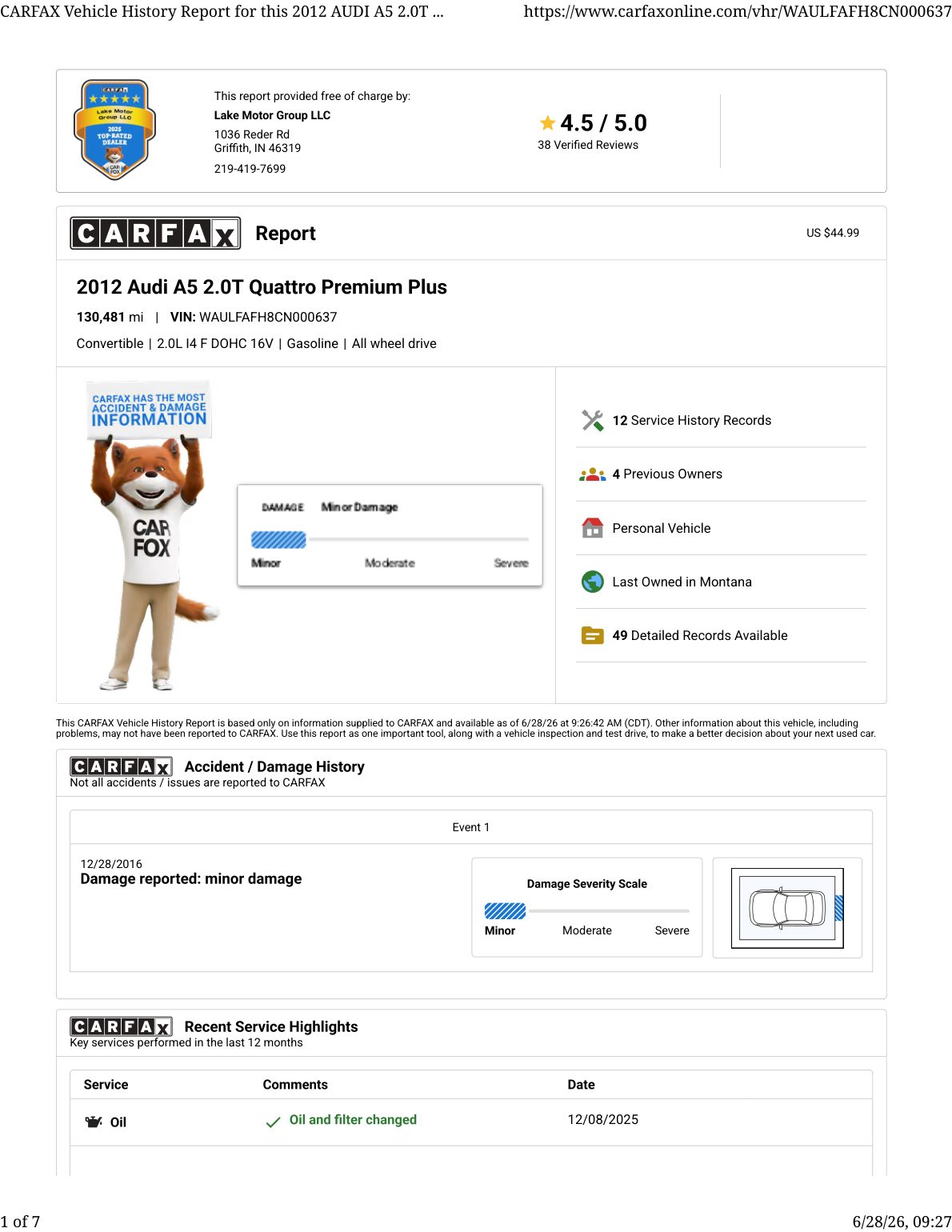 CARFAX vehicle history report — first page