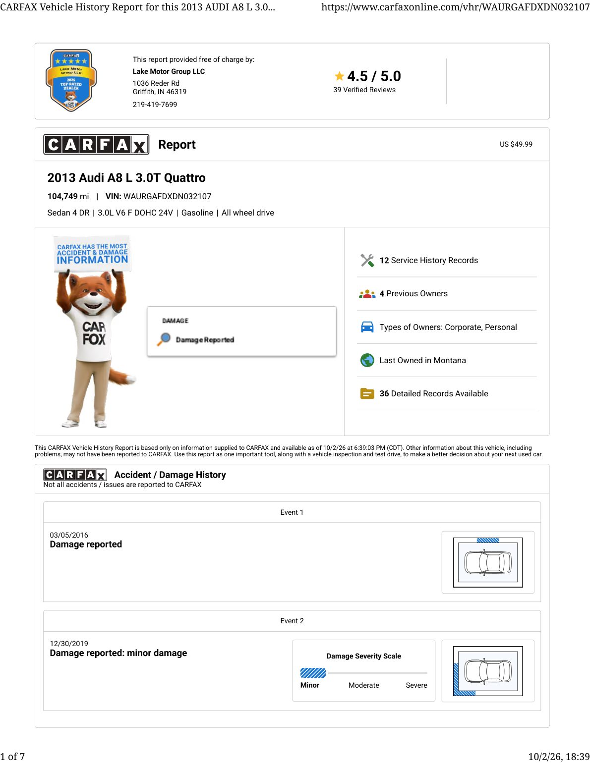 CARFAX vehicle history report — first page