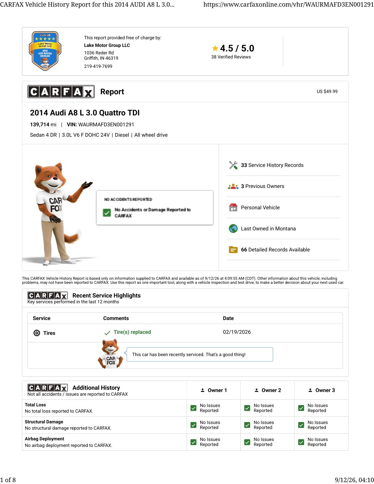 CARFAX vehicle history report — first page