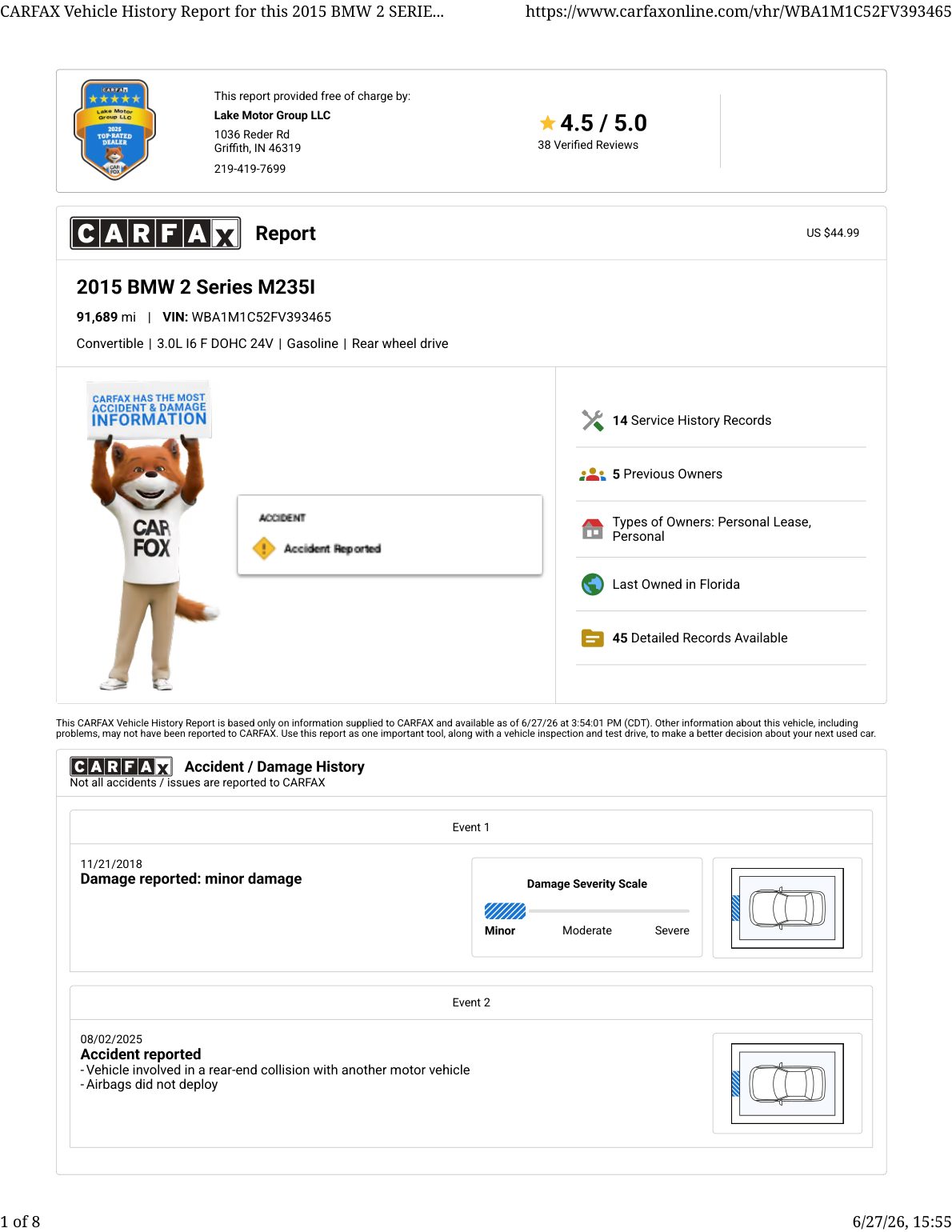 CARFAX vehicle history report — first page