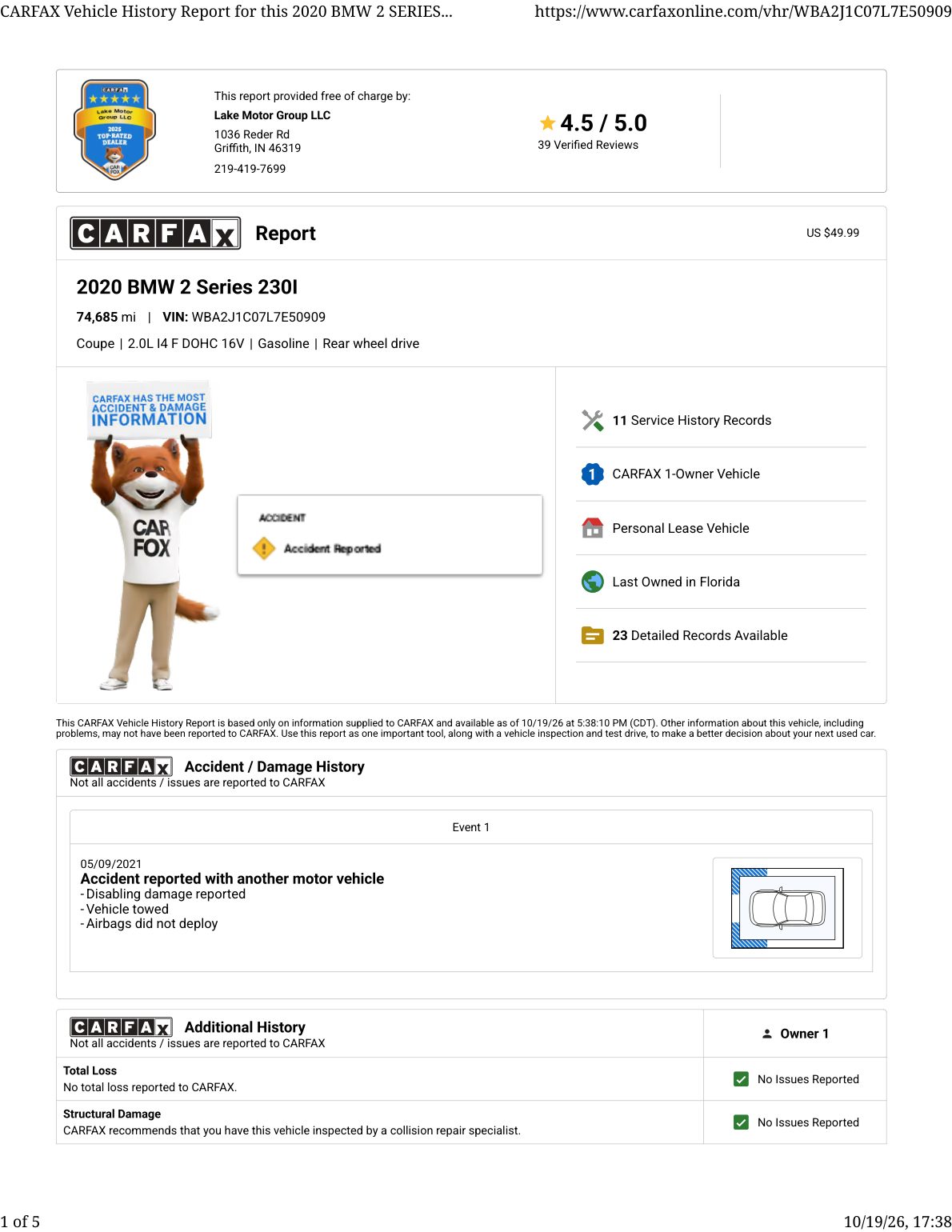 CARFAX vehicle history report — first page