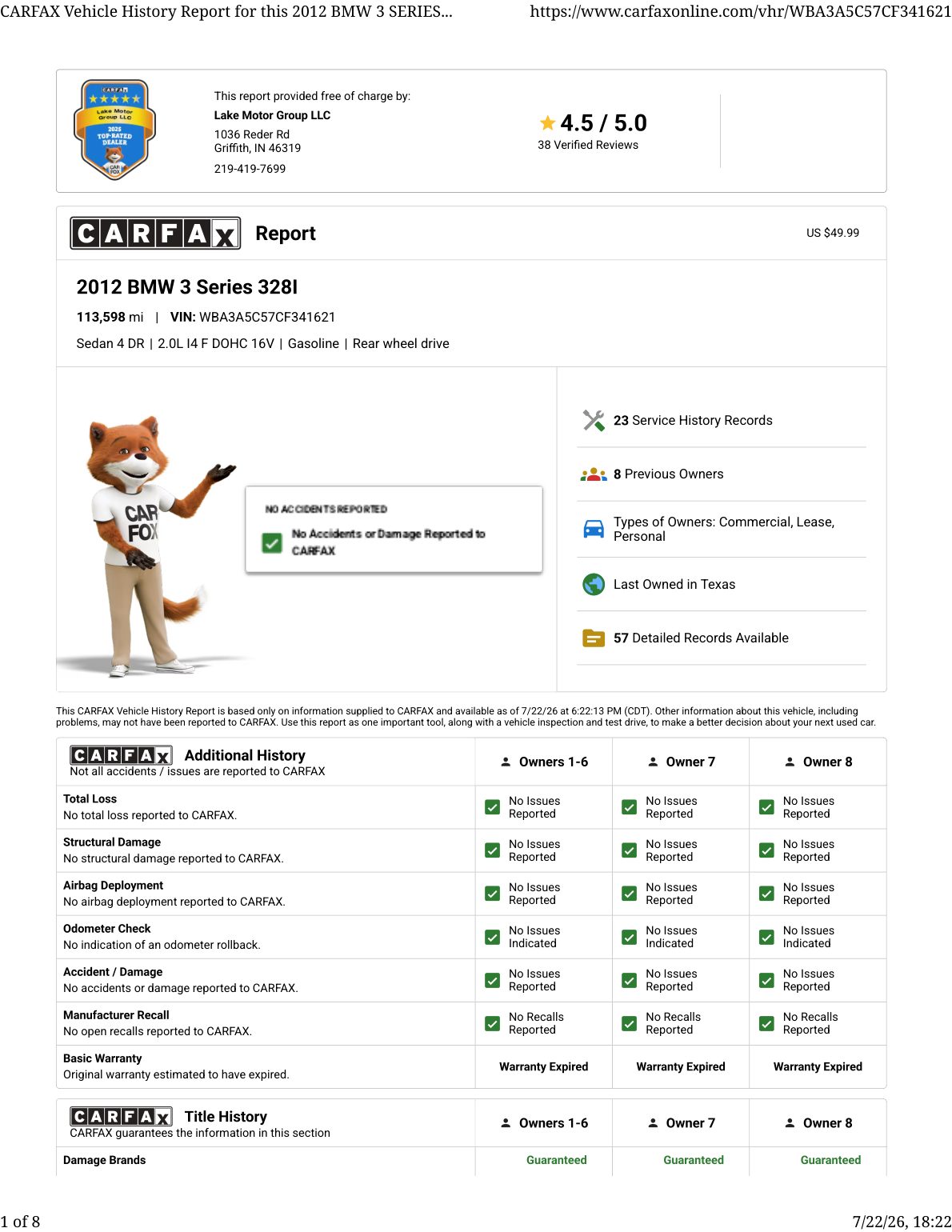 CARFAX vehicle history report — first page