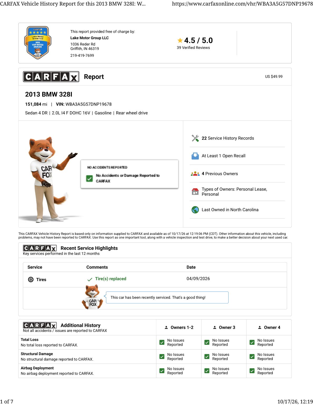 CARFAX vehicle history report — first page