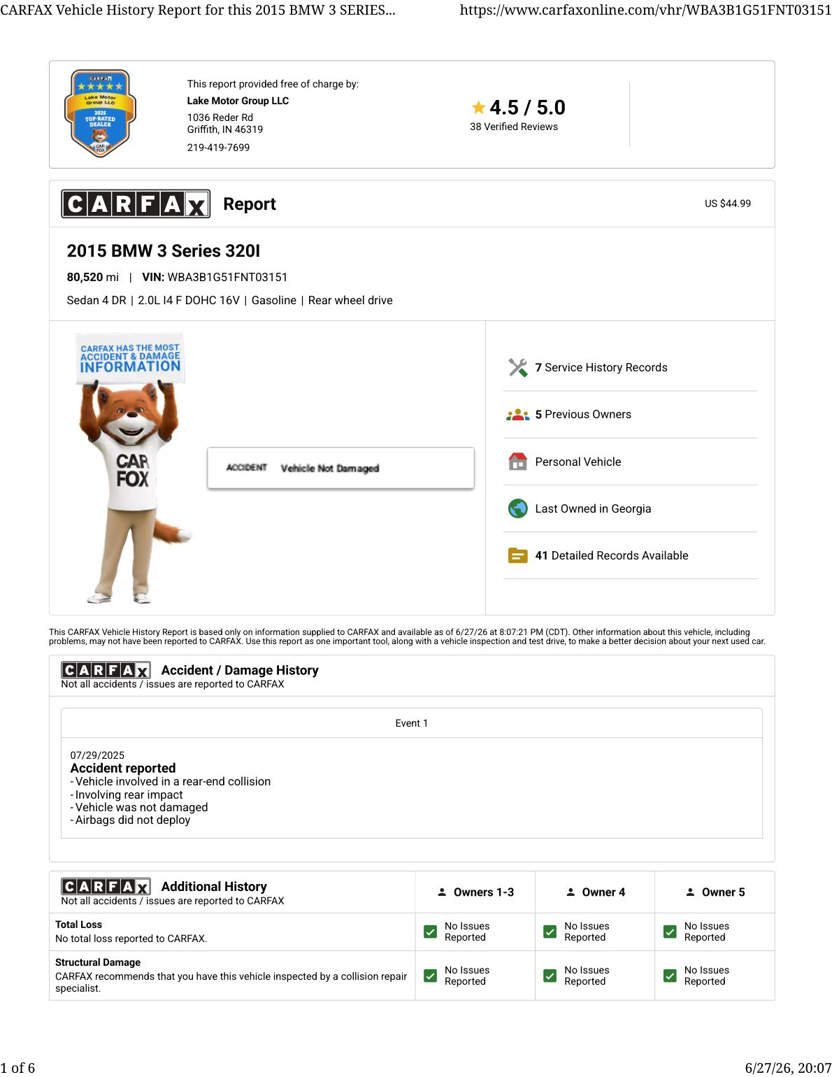 CARFAX vehicle history report — first page