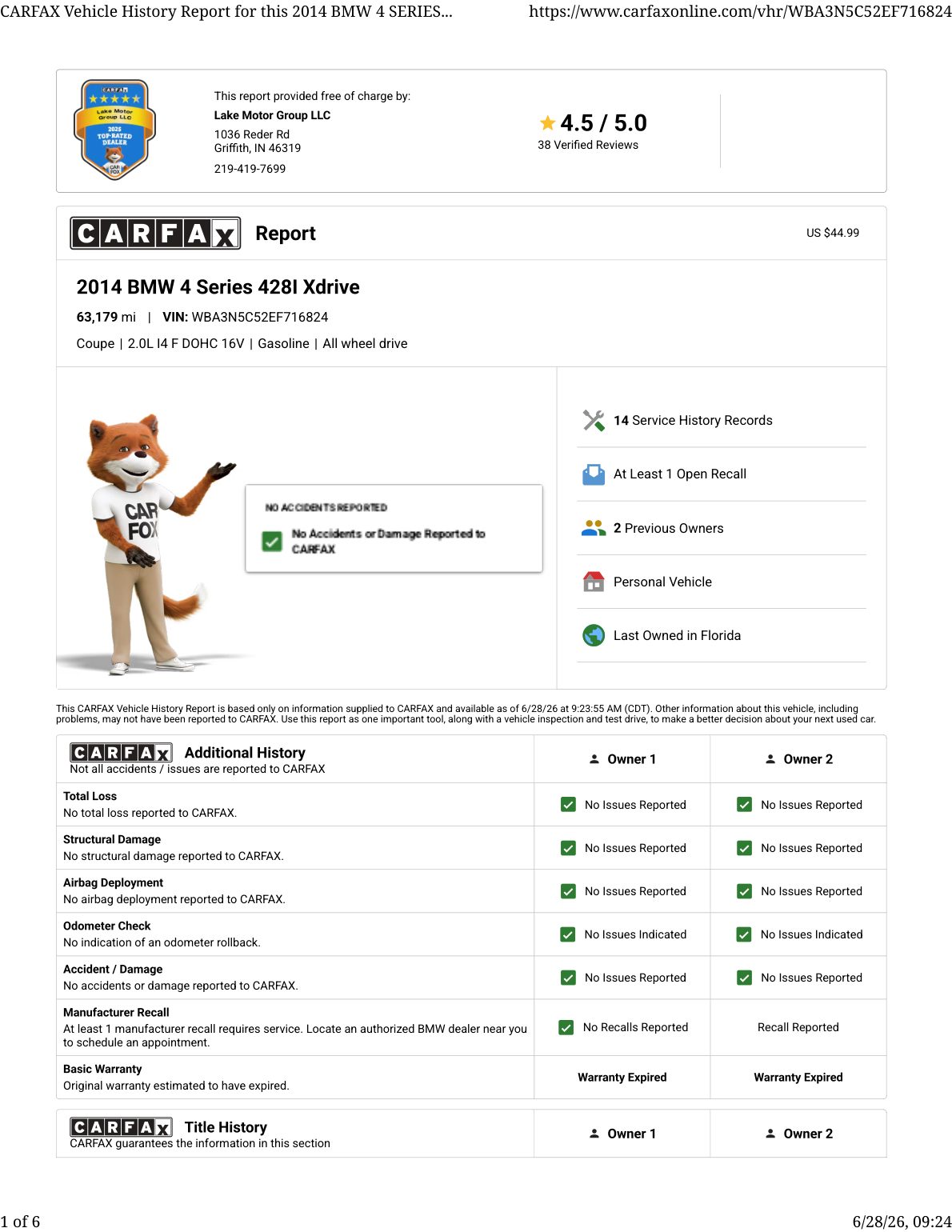 CARFAX vehicle history report — first page