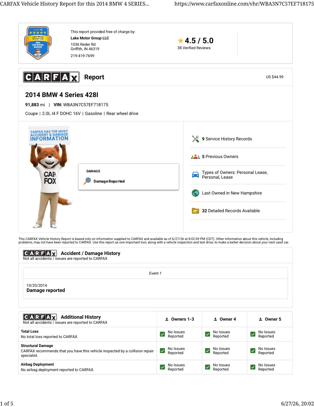 CARFAX vehicle history report — first page