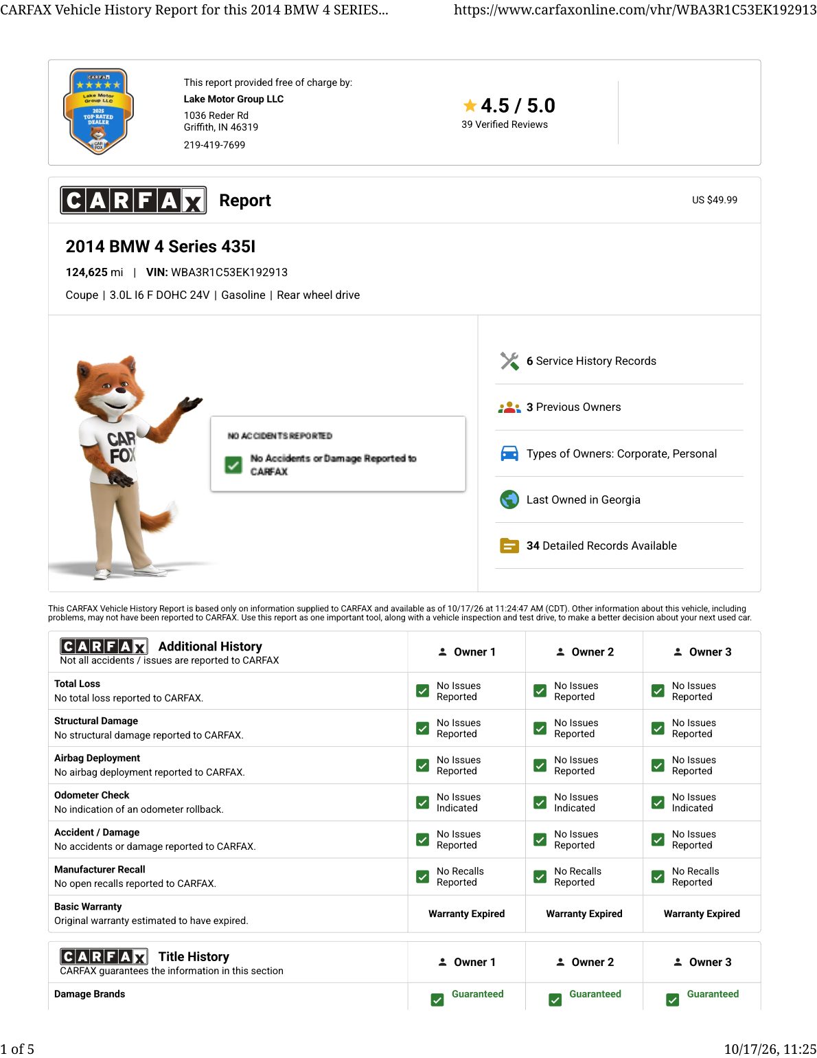 CARFAX vehicle history report — first page