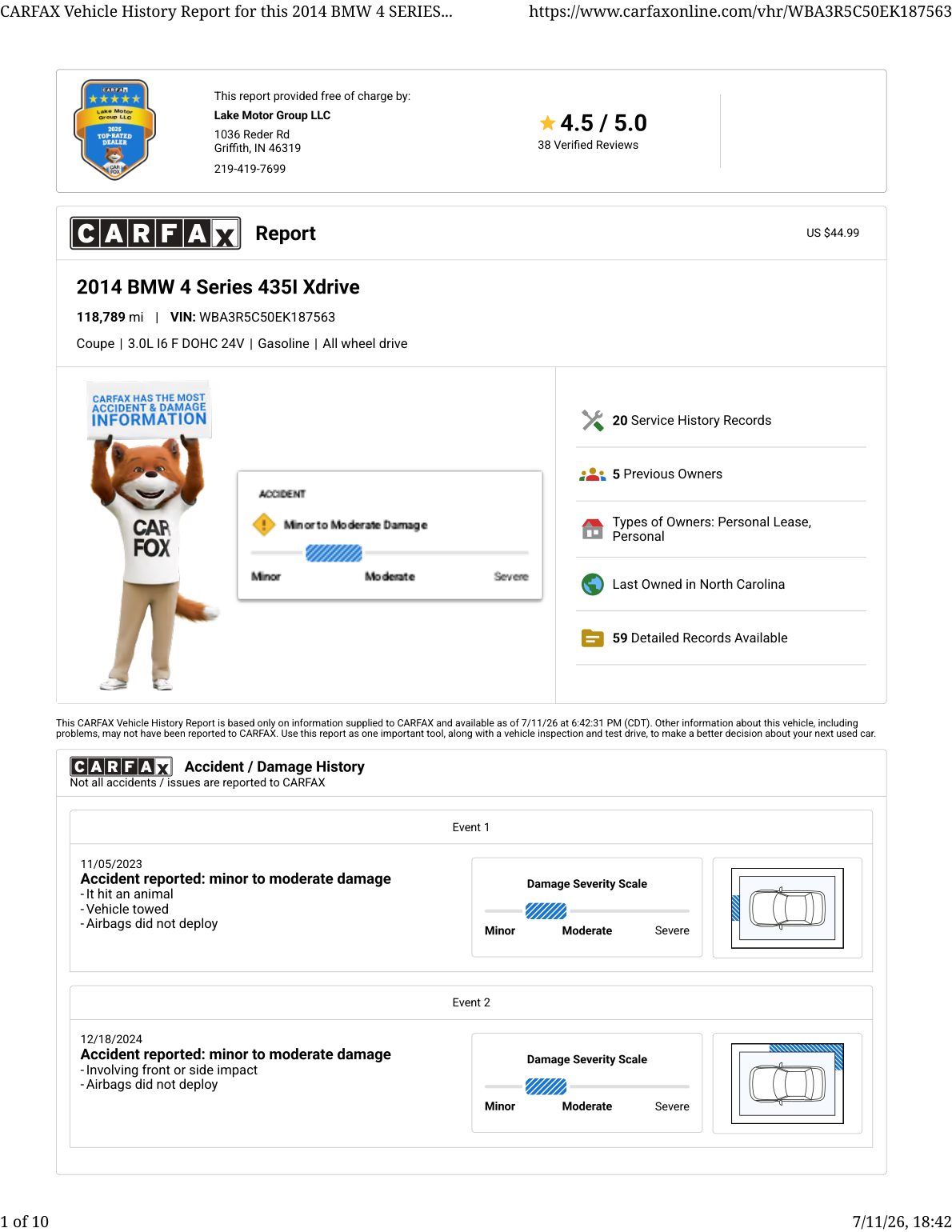 CARFAX vehicle history report — first page