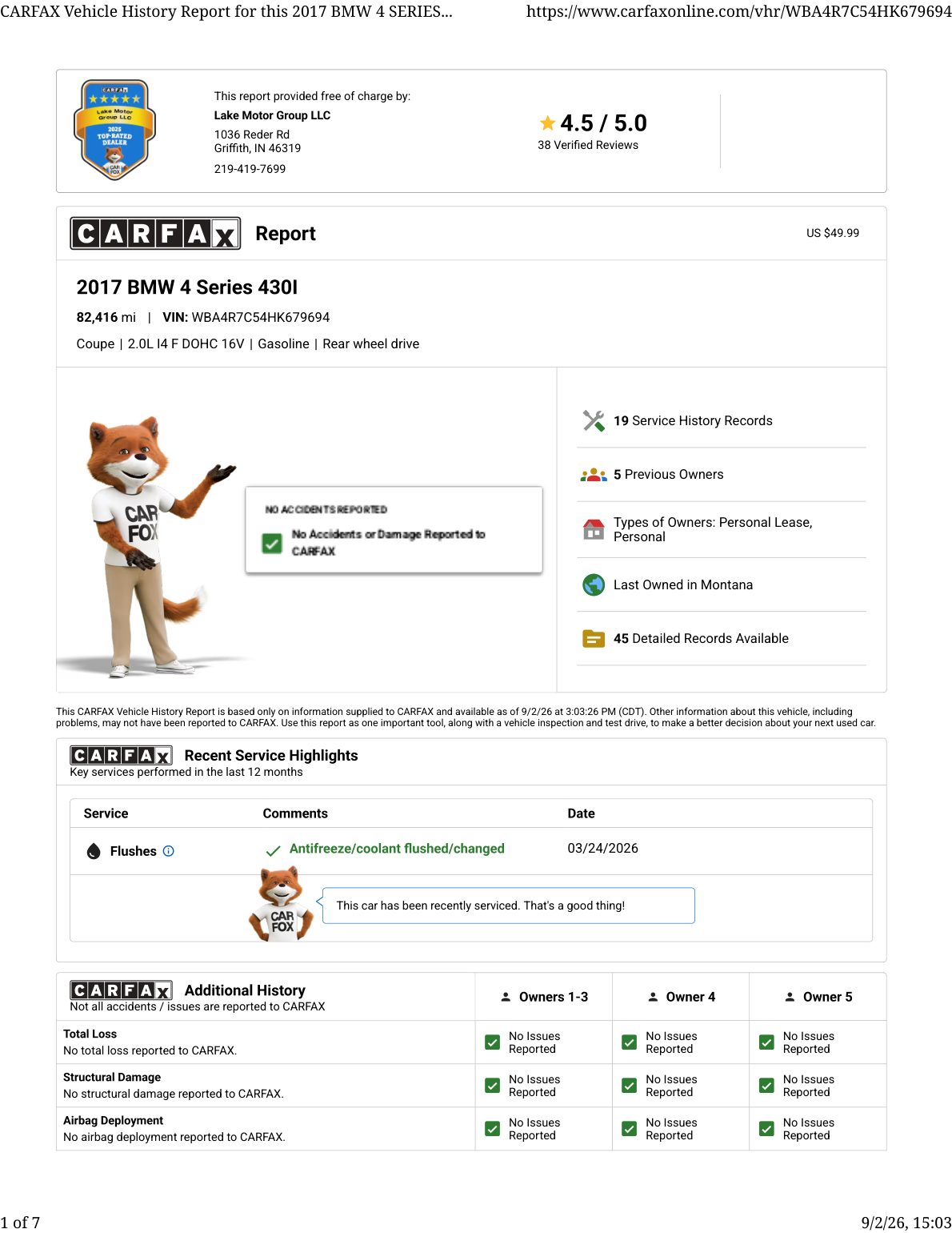 CARFAX vehicle history report — first page