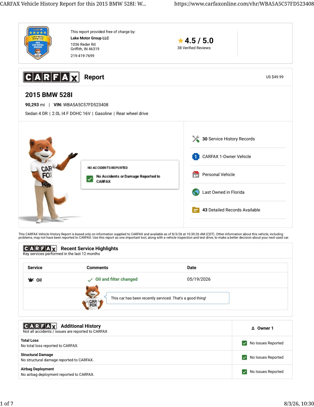 CARFAX vehicle history report — first page