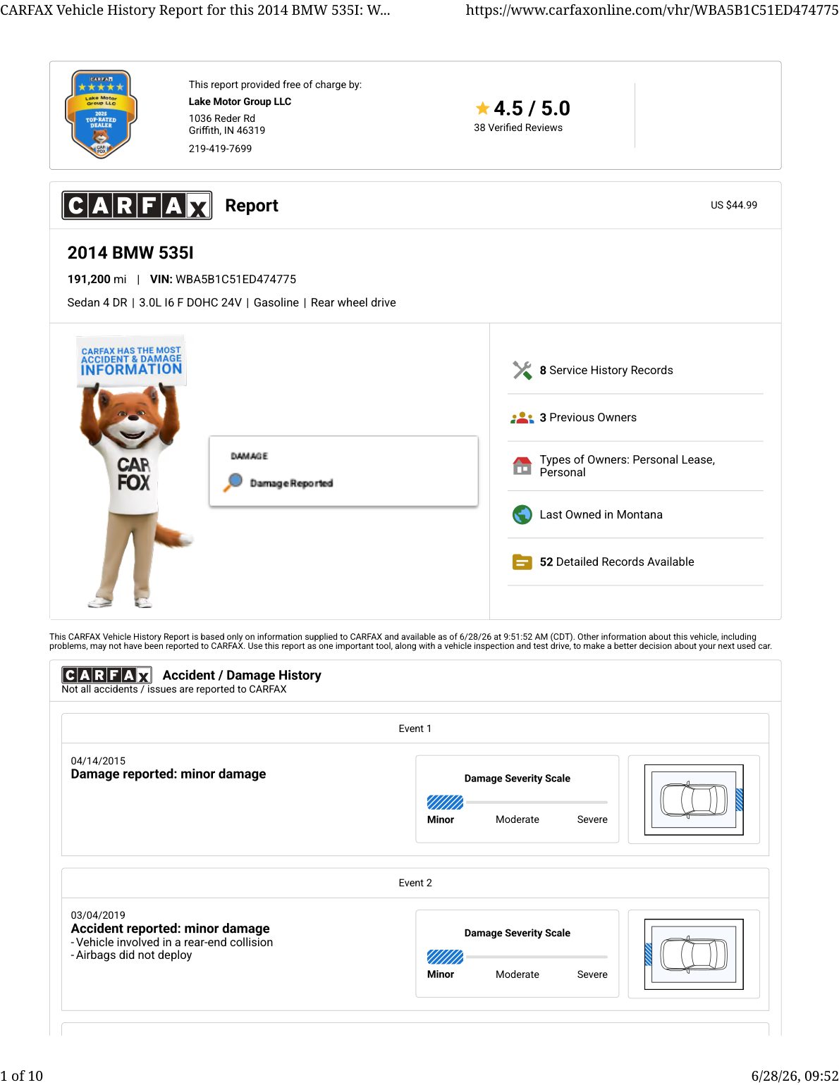 CARFAX vehicle history report — first page