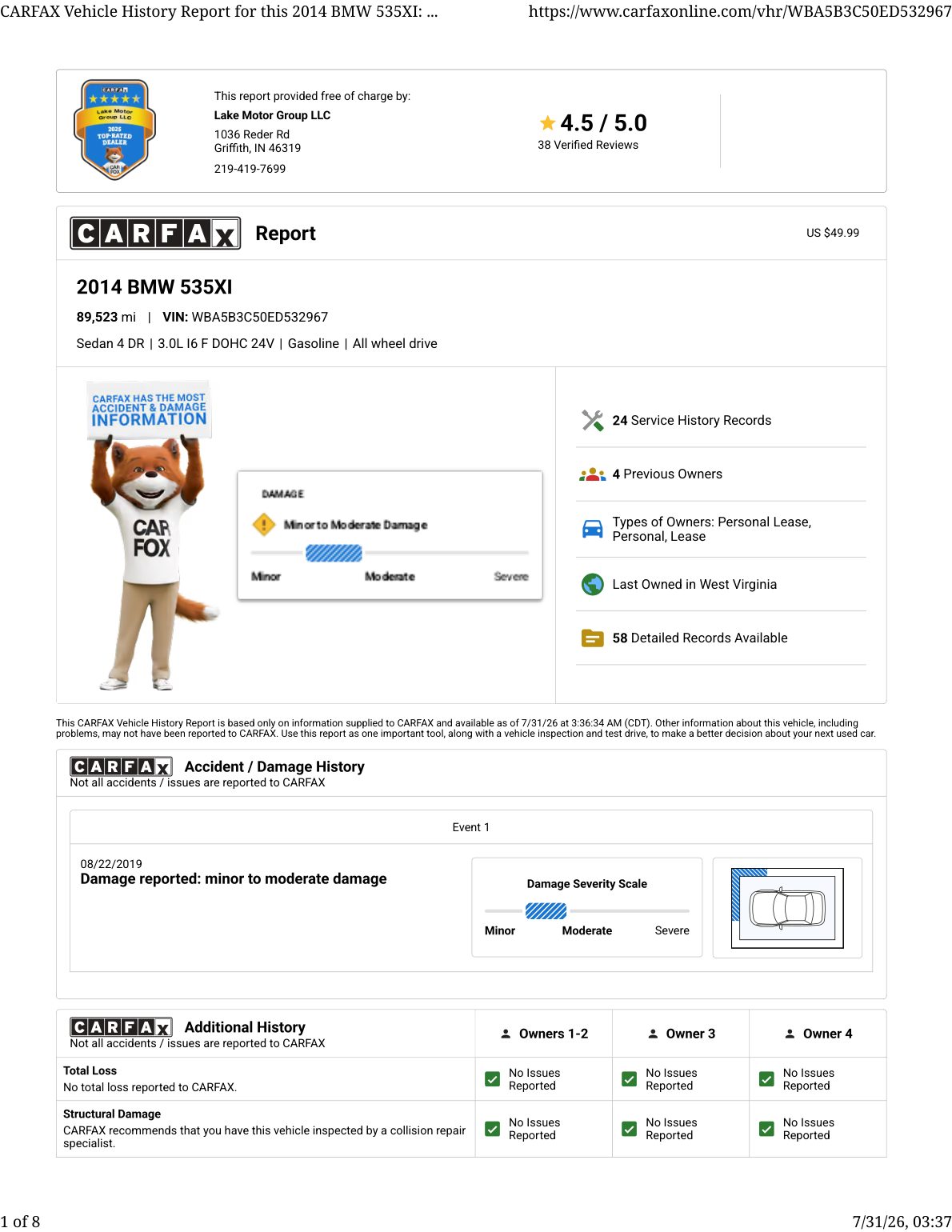 CARFAX vehicle history report — first page
