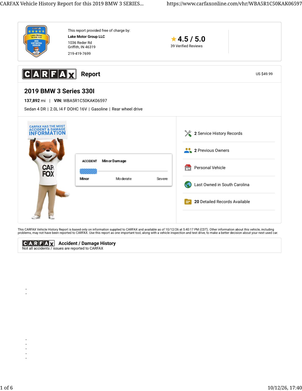 CARFAX vehicle history report — first page