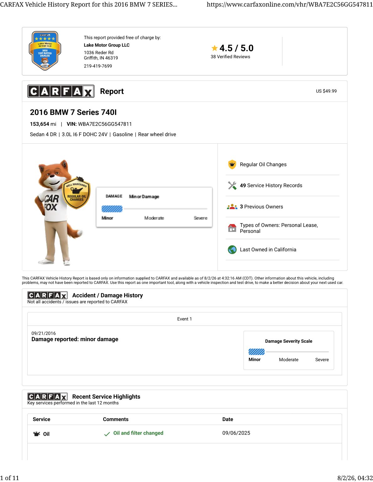 CARFAX vehicle history report — first page