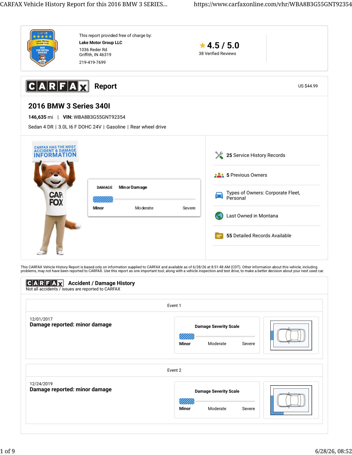 CARFAX vehicle history report — first page