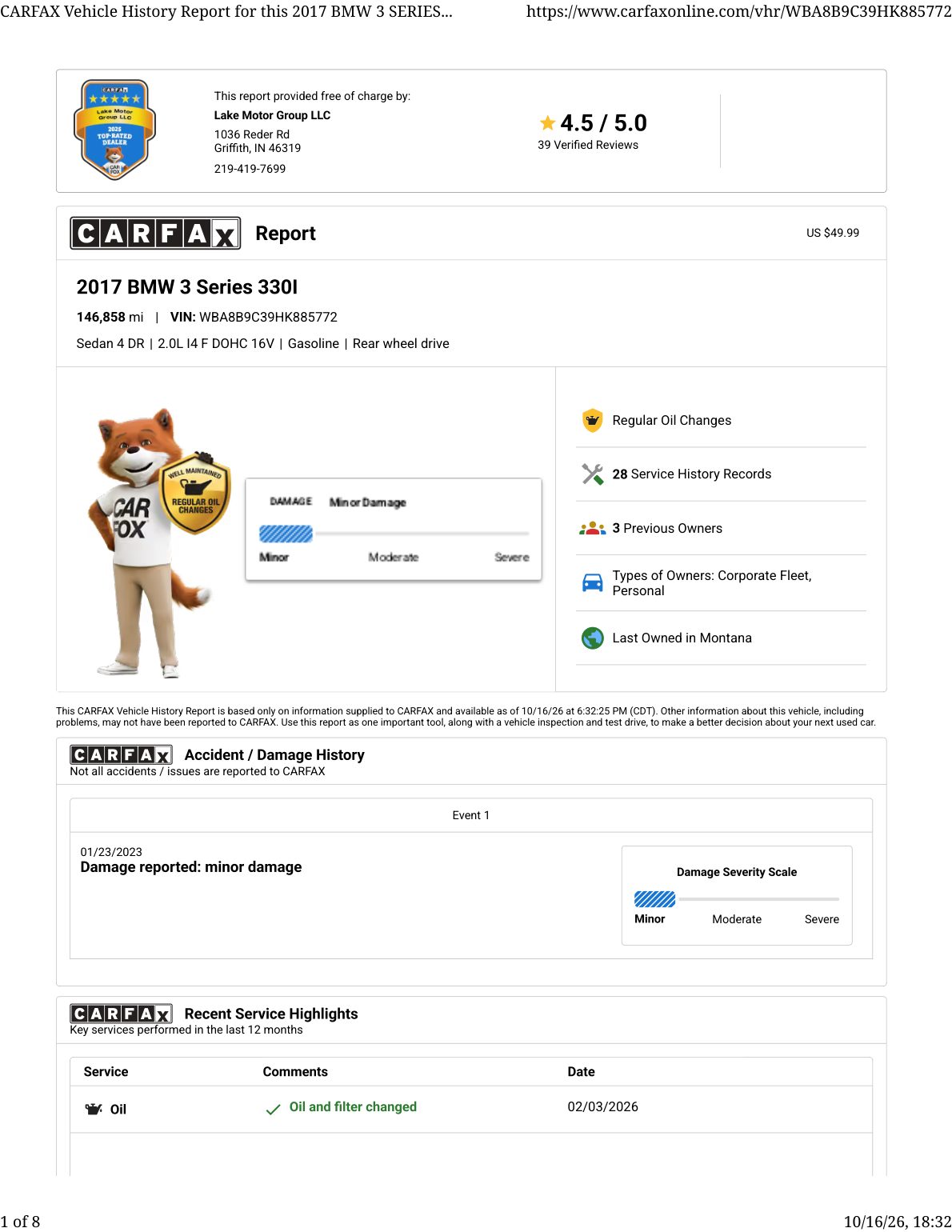 CARFAX vehicle history report — first page