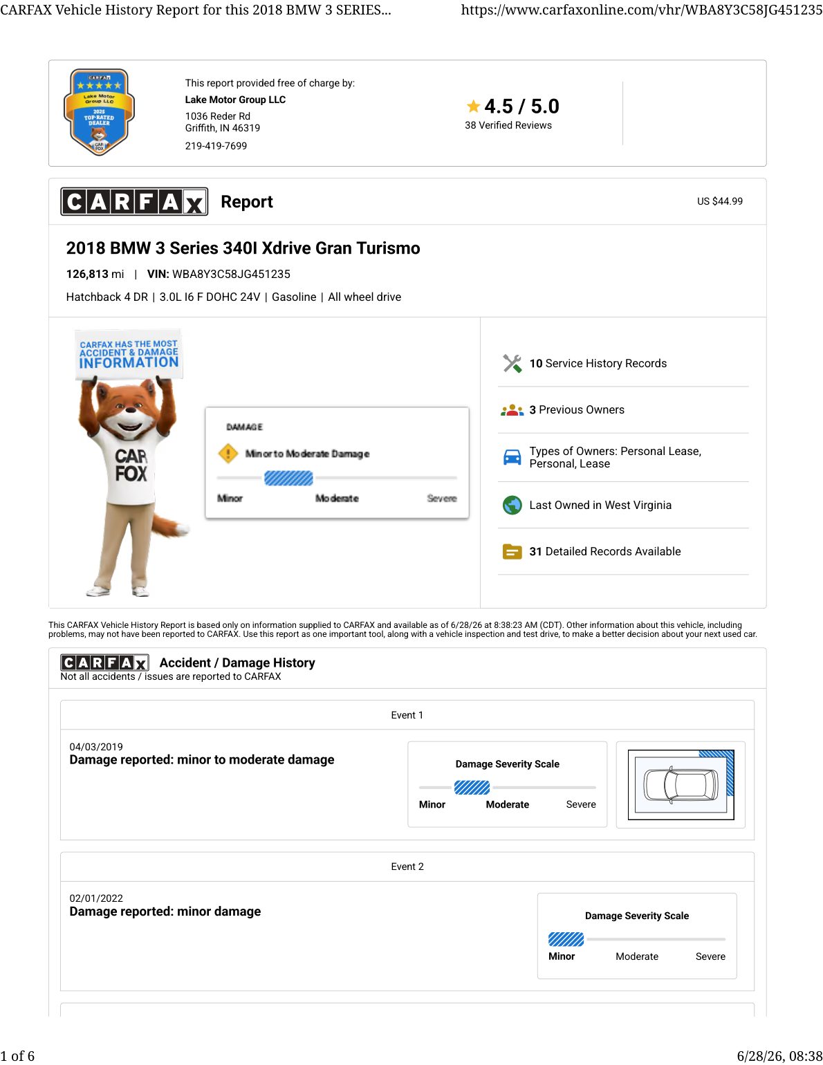 CARFAX vehicle history report — first page
