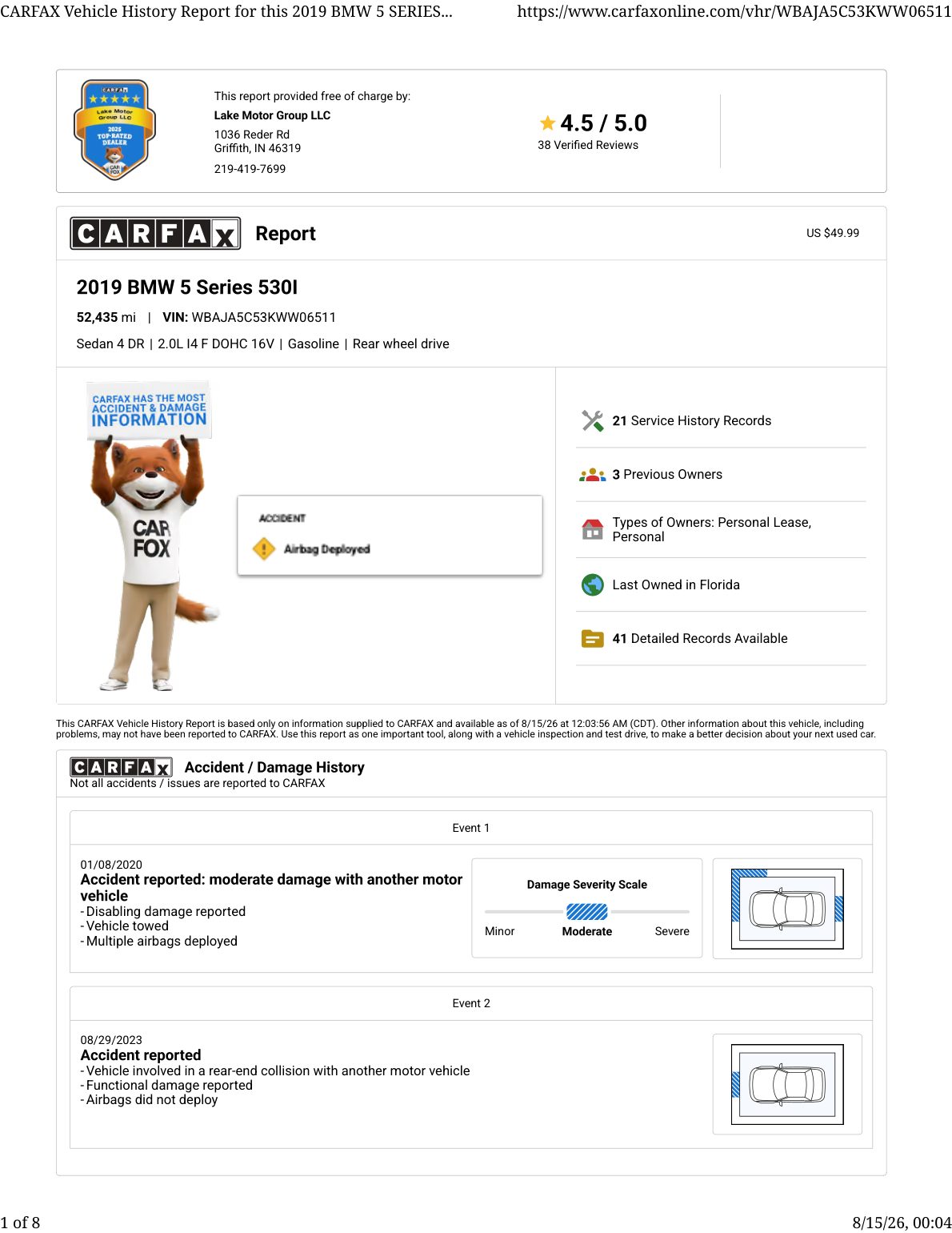 CARFAX vehicle history report — first page