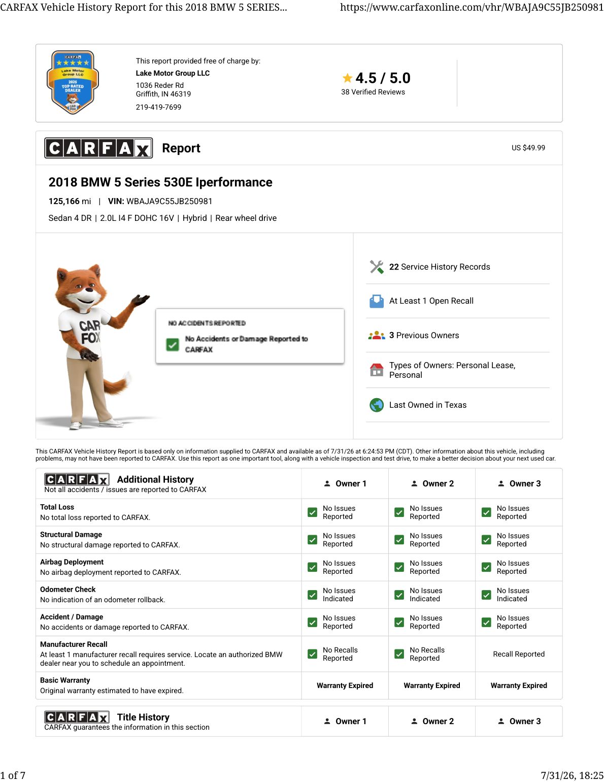 CARFAX vehicle history report — first page