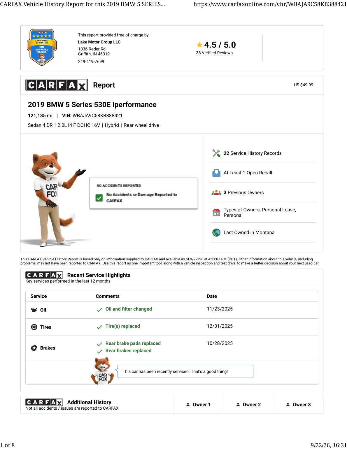 CARFAX vehicle history report — first page