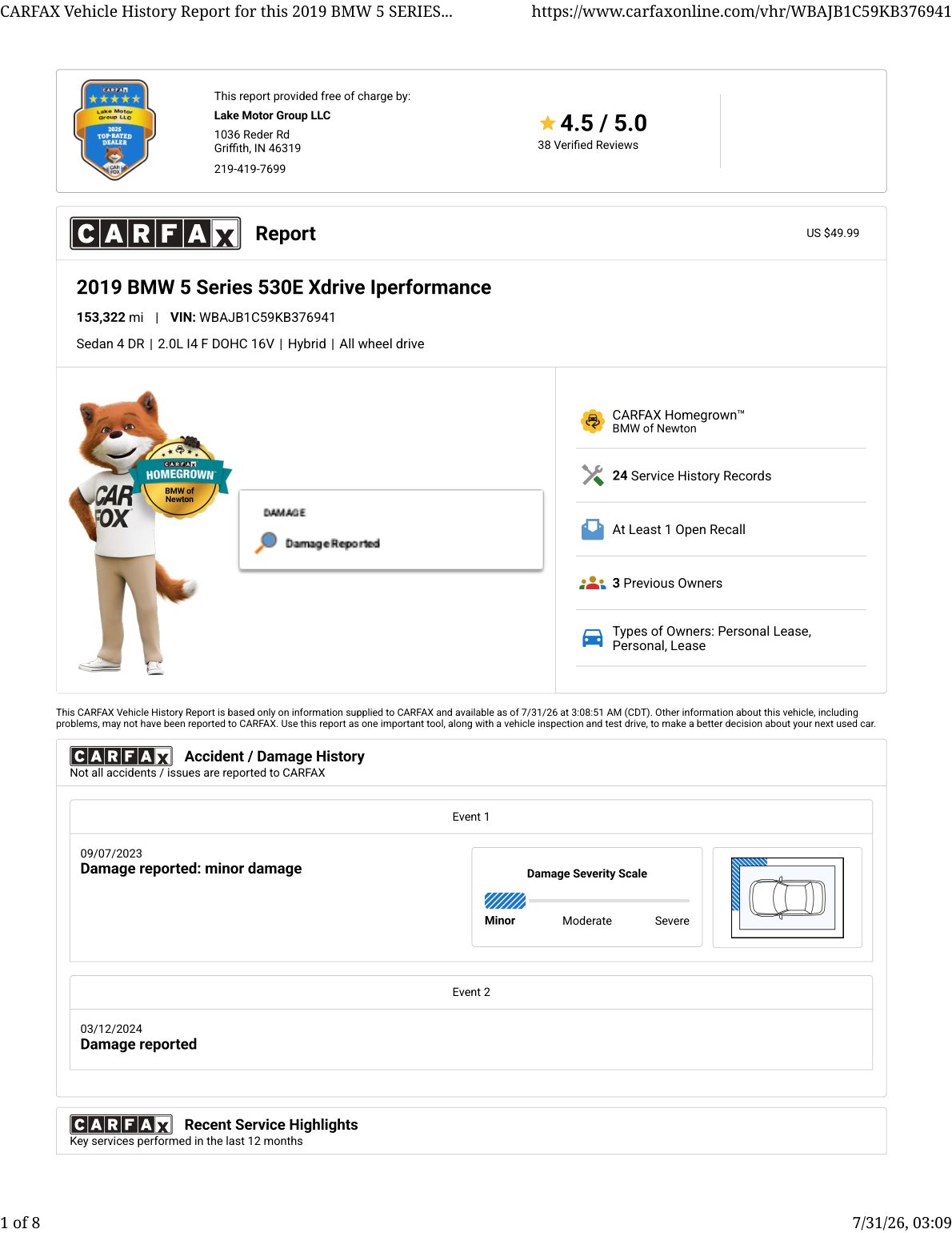 CARFAX vehicle history report — first page