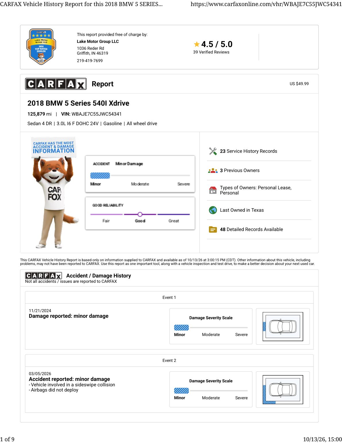 CARFAX vehicle history report — first page