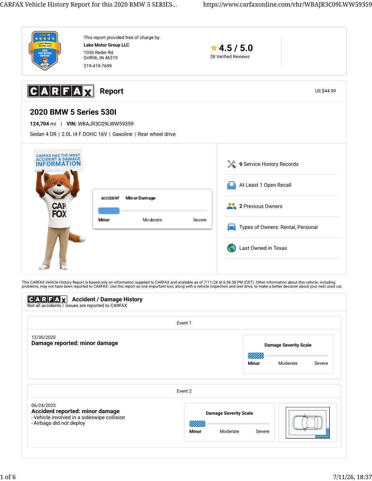 CARFAX vehicle history report — first page
