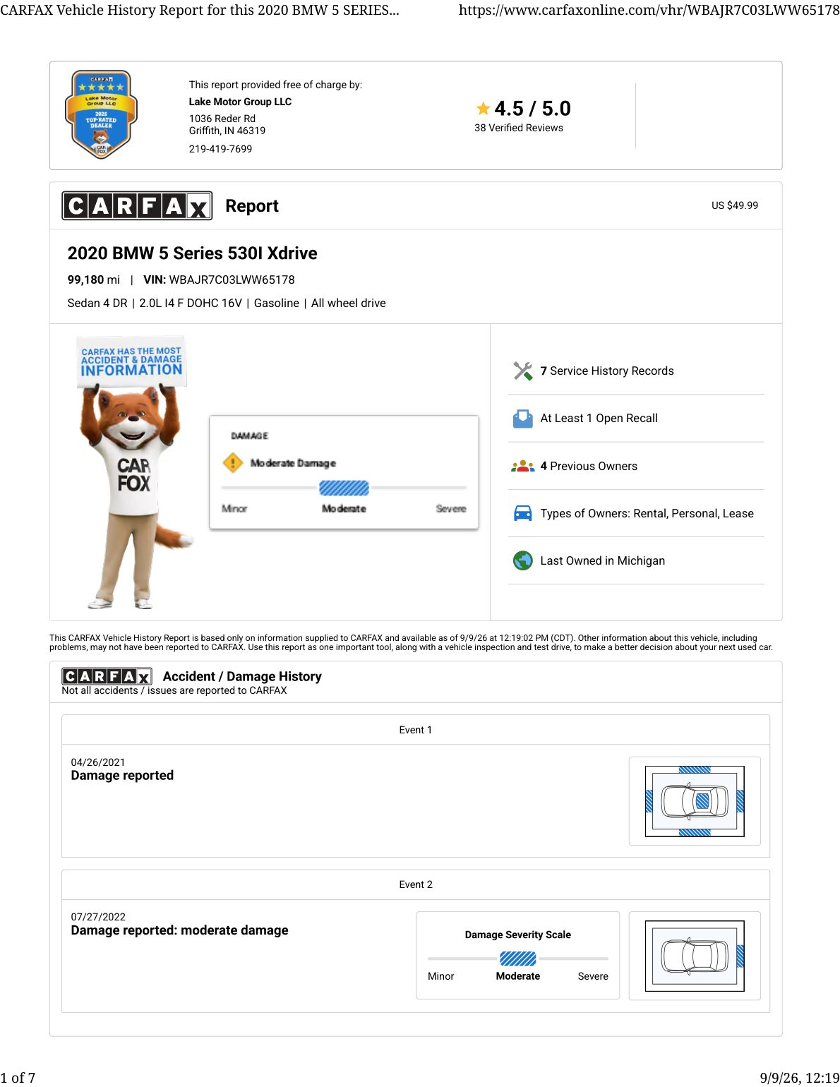 CARFAX vehicle history report — first page