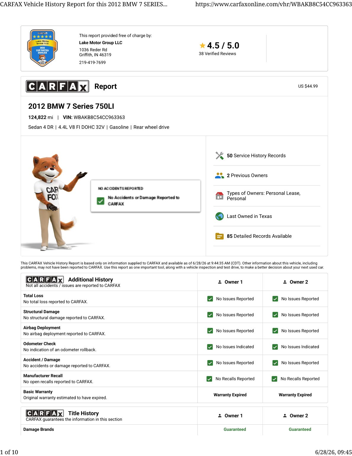 CARFAX vehicle history report — first page