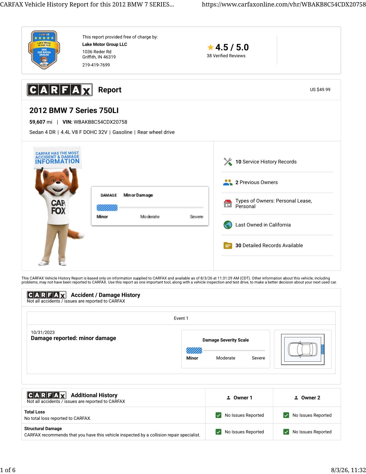 CARFAX vehicle history report — first page