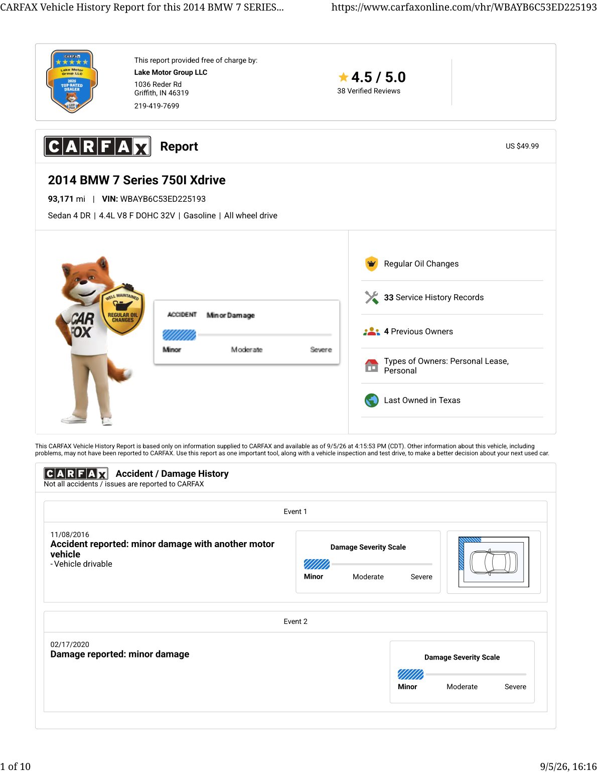 CARFAX vehicle history report — first page