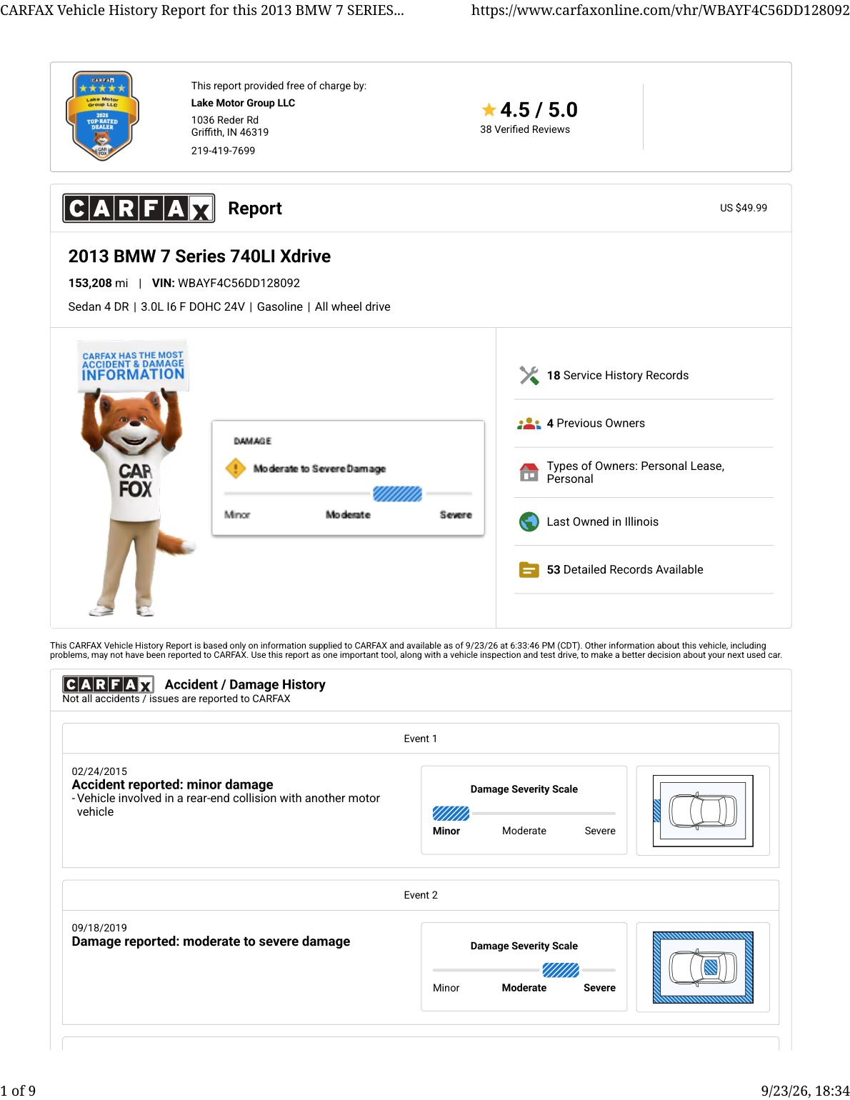 CARFAX vehicle history report — first page