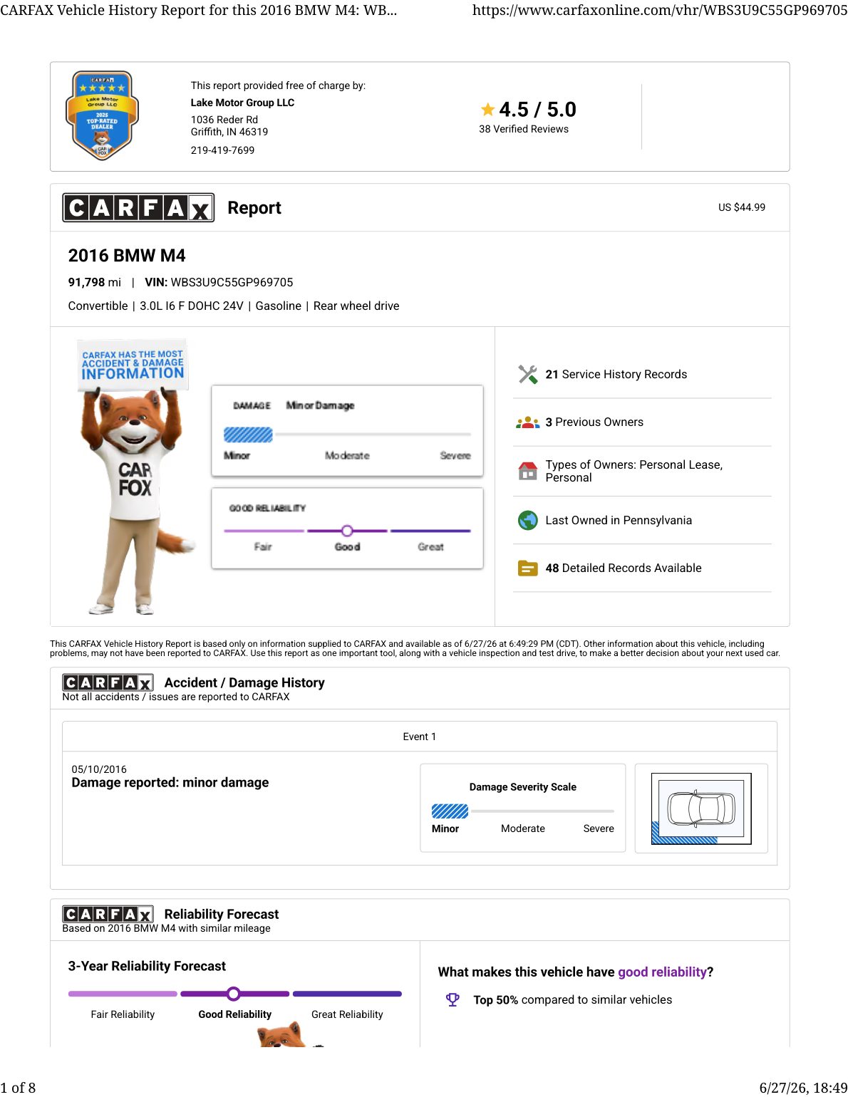 CARFAX vehicle history report — first page