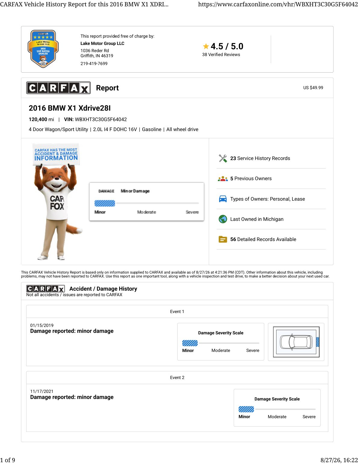 CARFAX vehicle history report — first page