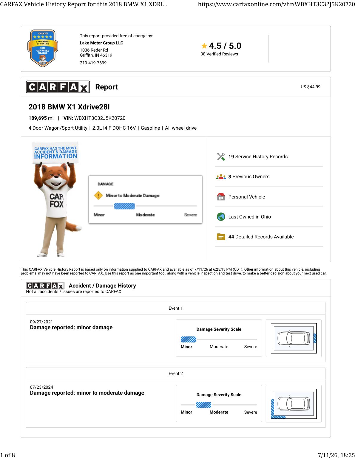 CARFAX vehicle history report — first page