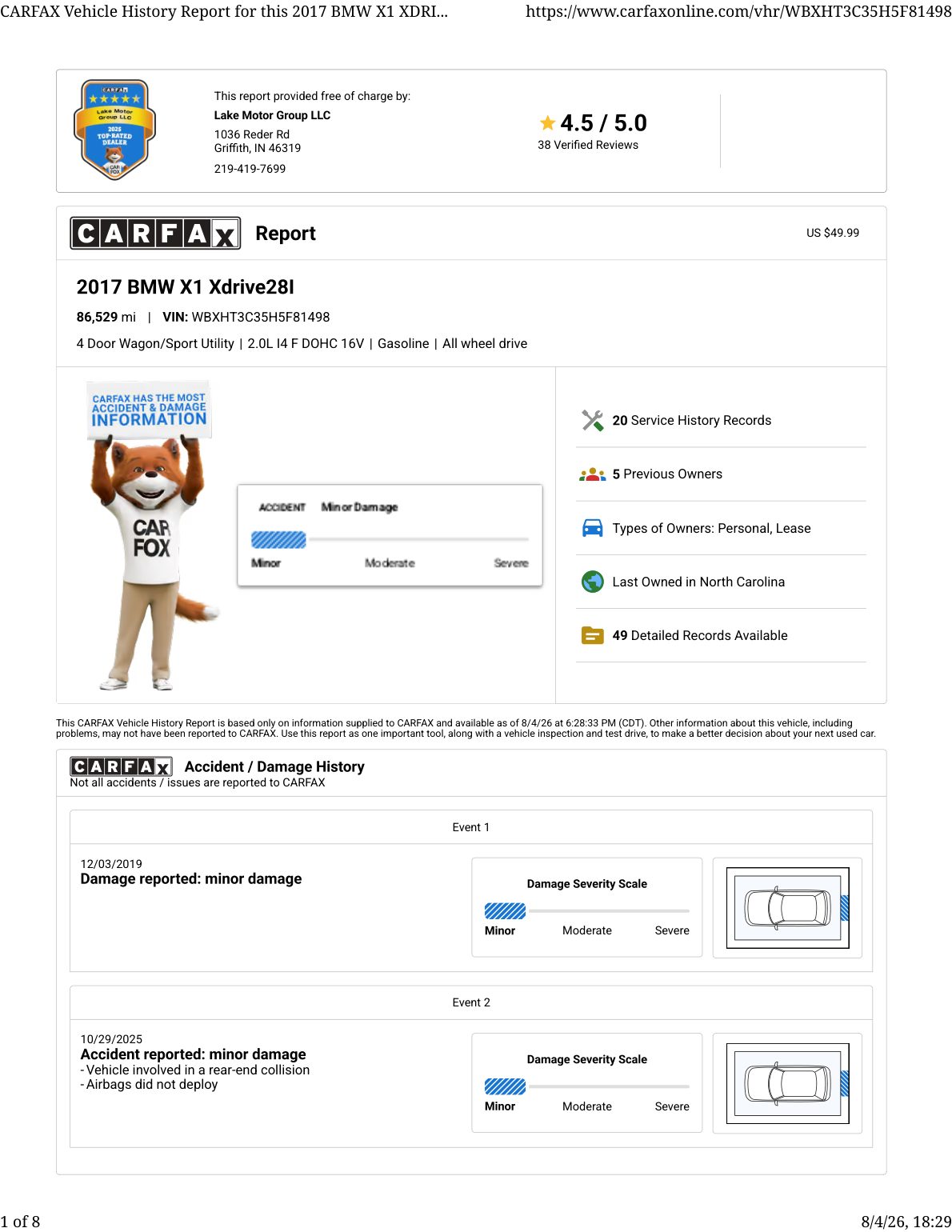 CARFAX vehicle history report — first page