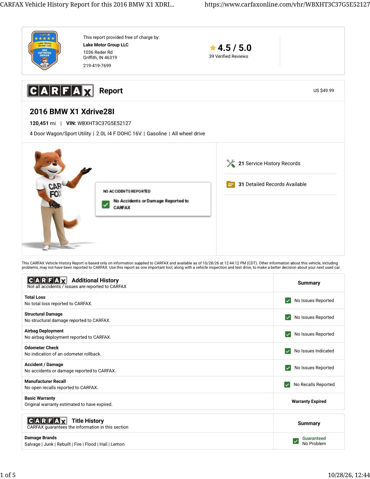 CARFAX vehicle history report — first page