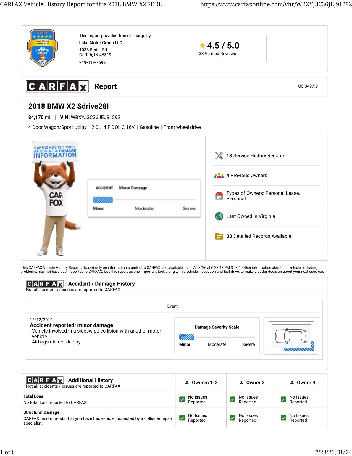 CARFAX vehicle history report — first page