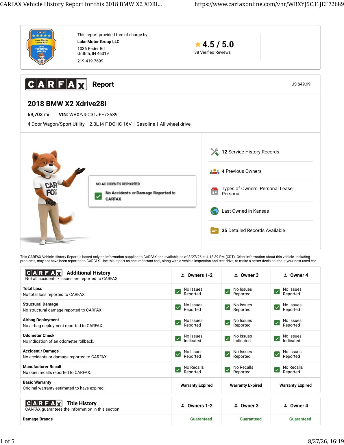 CARFAX vehicle history report — first page