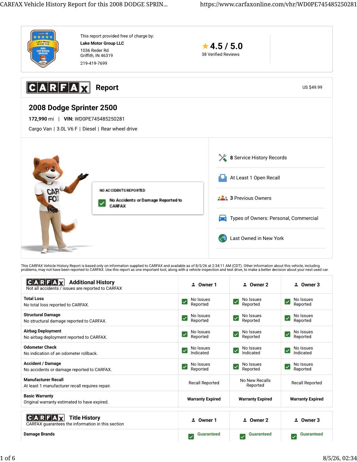 CARFAX vehicle history report — first page