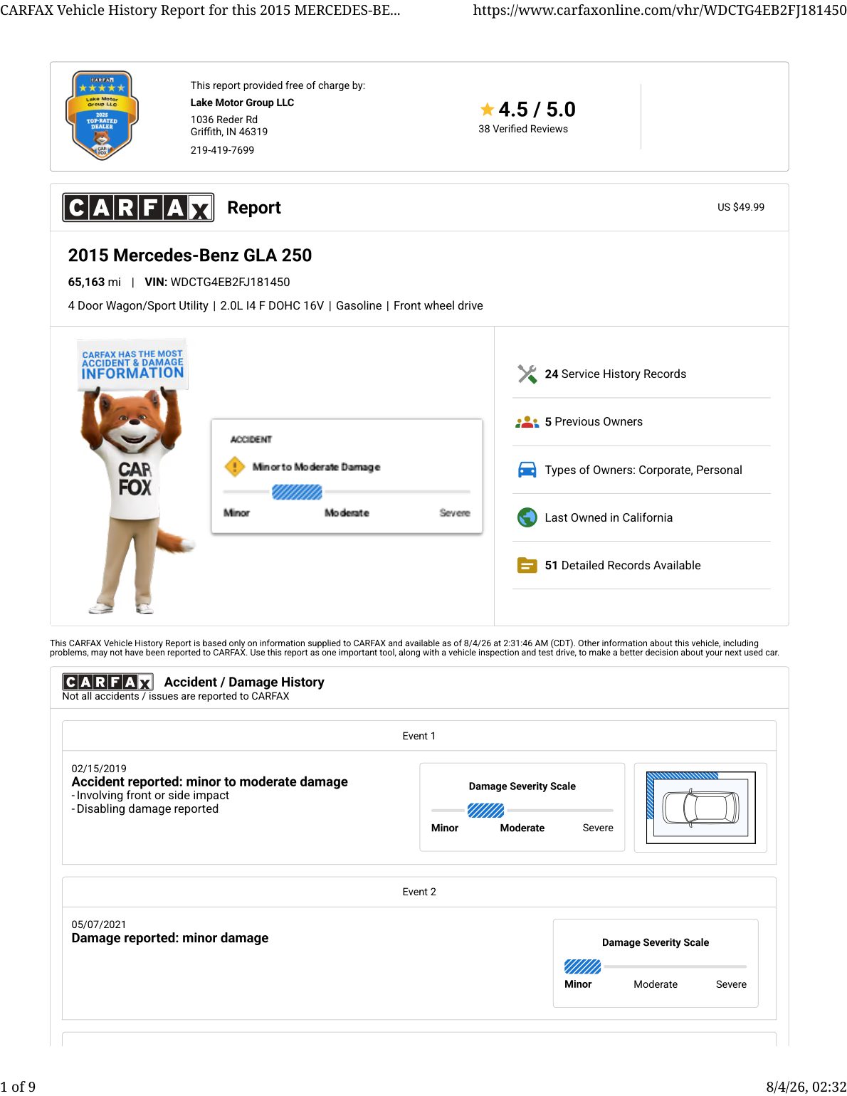 CARFAX vehicle history report — first page