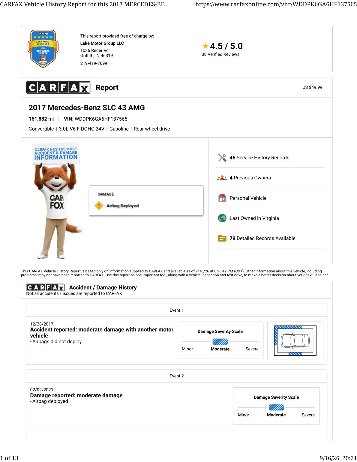 CARFAX vehicle history report — first page