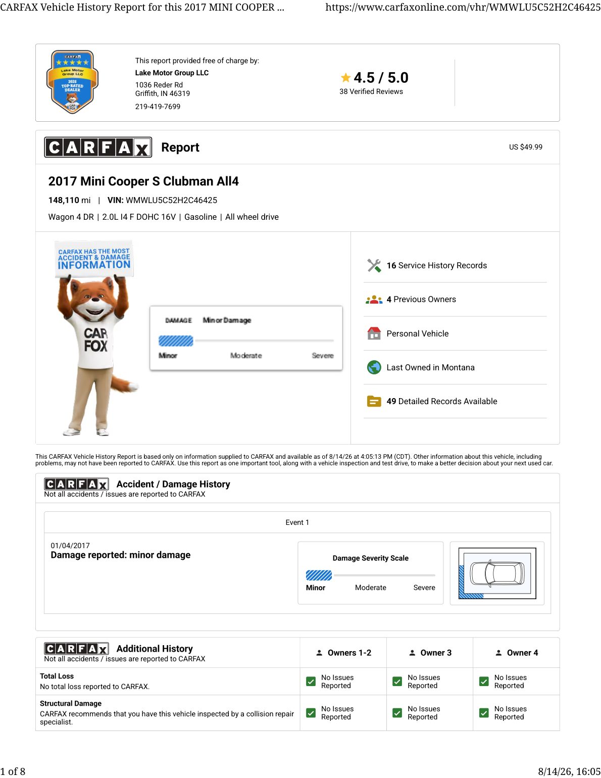 CARFAX vehicle history report — first page