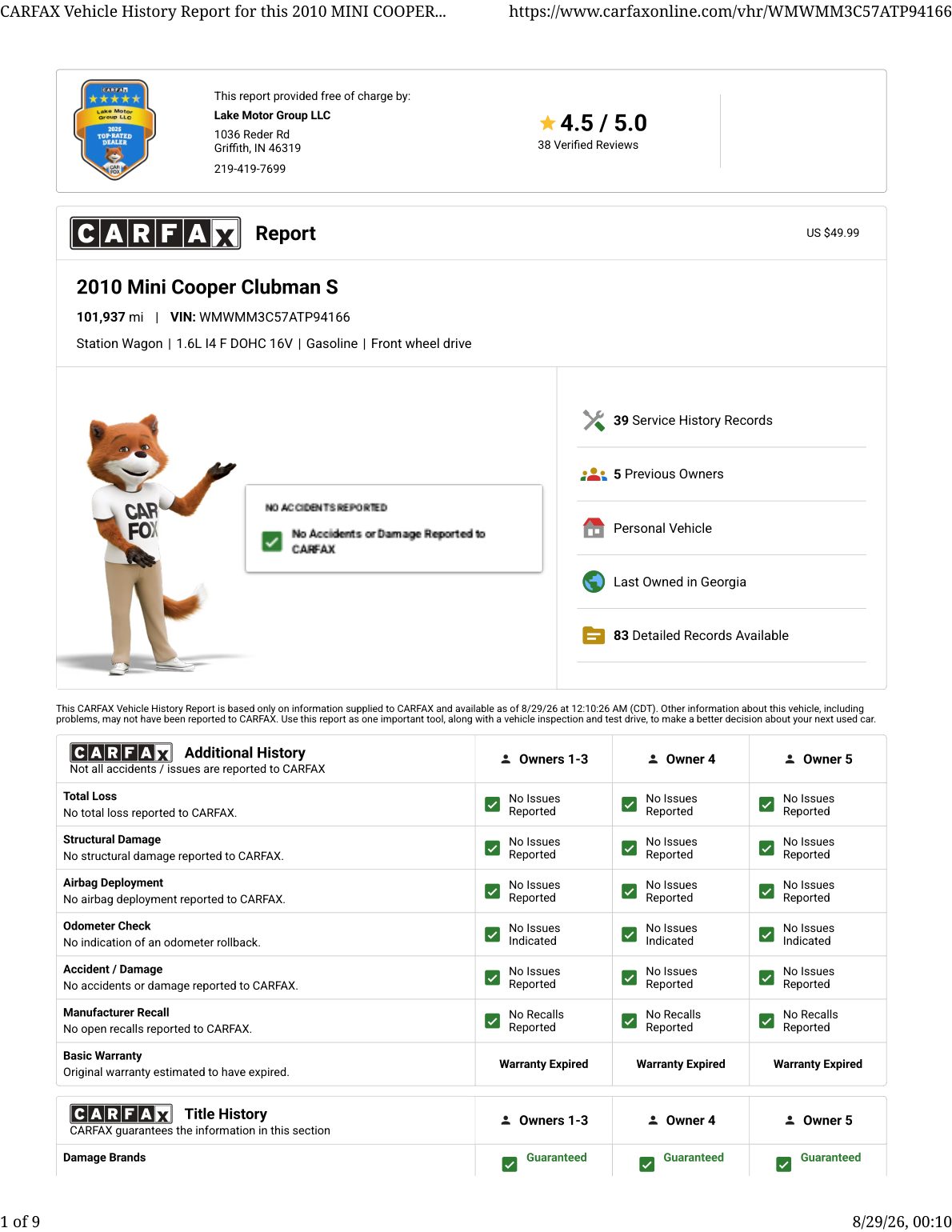 CARFAX vehicle history report — first page